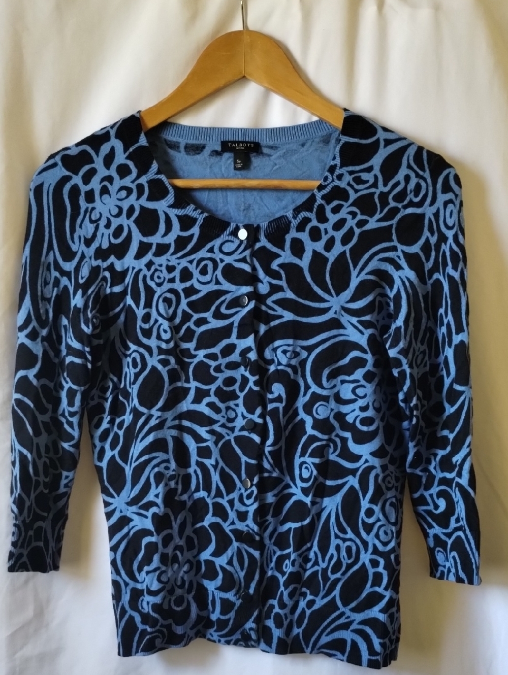Talbots Black and Blue Floral Knit Cardigan